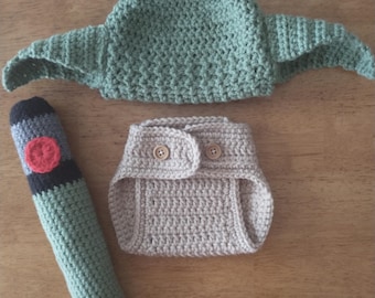 Crocheted Baby Yodda Hat and Diaper Cover Set with Crocheted Lightsaber - Star Wars Baby Outfit - Baby Photo Prop - Star Wars Lightsaber