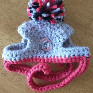 May include: A gray and red crocheted pet hat with a pom-pom on top. The hat features the Ohio State logo and a red strap. The pom-pom is made of red, black, and white yarn.
