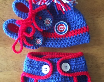 Crocheted Chicago Baseball Baby Hat/Diaper Cover and Booties Set - Baseball Baby Hat - Baby Photo Prop - Baby Hat
