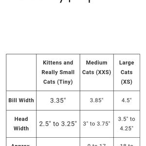 Puede incluir: Una tabla de tallas para gorros de gato de PupLid. La tabla enumera el ancho de la visera, el ancho de la cabeza y los rangos de peso en pulgadas y libras para tres categor&iacute;as: gatitos, gatos medianos (XXS) y gatos grandes (XS).