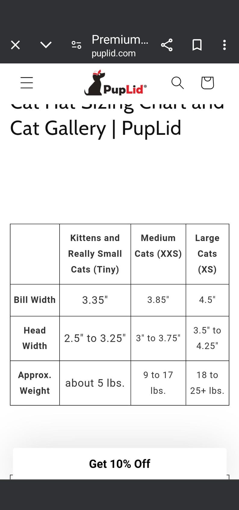 Puede incluir: Una tabla de tallas para gorros de gato de PupLid. La tabla enumera el ancho de la visera, el ancho de la cabeza y los rangos de peso en pulgadas y libras para tres categor&iacute;as: gatitos, gatos medianos (XXS) y gatos grandes (XS).