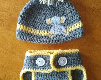 Crocheted Baby Elephant Hat and Diaper Cover Set - Baby Photo Prop - Baby Hat - Baby Shower Gift