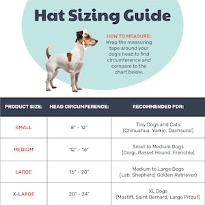 Puede incluir: Una gu&iacute;a de tallas de sombreros para mascotas con una ilustraci&oacute;n de un perro e instrucciones para medir la circunferencia de la cabeza. Una tabla enumera las tallas Small, Medium, Large y X-Large con medidas de 20 a 61 cm y ejemplos.