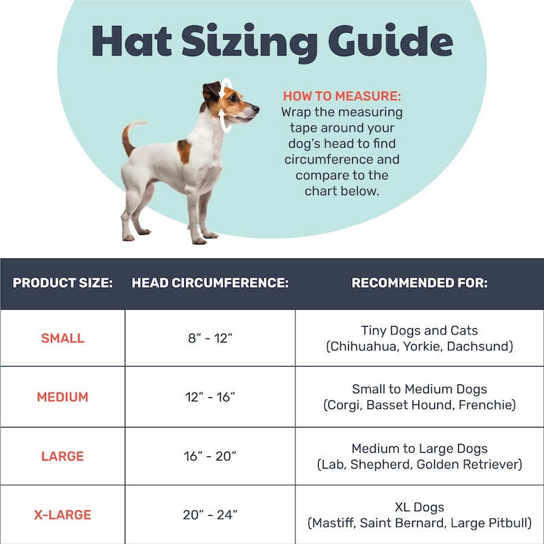 Puede incluir: Una gu&iacute;a de tallas de sombreros para mascotas con una ilustraci&oacute;n de un perro e instrucciones para medir la circunferencia de la cabeza. Una tabla enumera las tallas Small, Medium, Large y X-Large con medidas de 20 a 61 cm y ejemplos.