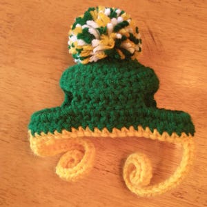 Puede incluir: Un peque&ntilde;o gorro de ganchillo en verde oscuro con un borde amarillo y dos lazos amarillos rizados que cuelgan de los lados. La parte superior del gorro est&aacute; adornada con un gran pomp&oacute;n multicolor con hebras de lana verde, amarilla y blanca.