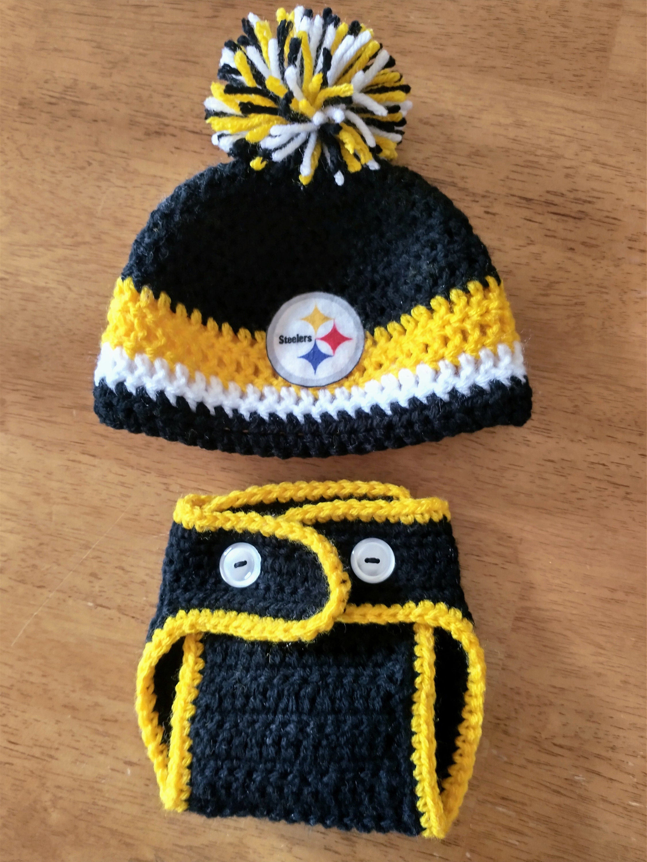 Crocheted Pittsburgh Steelers Baby Hat and Diaper Cover Set 
