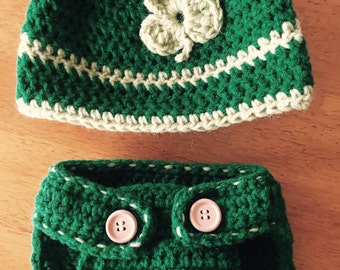 Crocheted Irish Hat And Diaper Cover Set