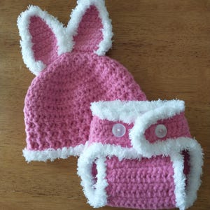 Crocheted Bunny Baby Hat and Diaper Cover Set - Easter Bunny Outfit - Bunny Hat - Baby Photo Prop - Easter