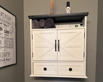 Wooden Medicine Cabinet with Drawer, Adjustable Shelf, Double Barn Doors, Bathroom Storage
