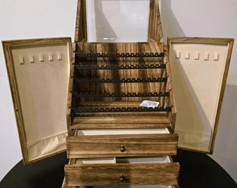Wooden Jewelry Box Organizer, Earring Display Case, Velvet Lined