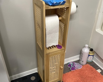 Bamboo Toilet Paper Holder Cabinet with Rattan Door, Toilet Tissue Holder, Bathroom Storage