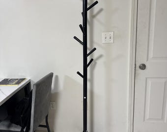 Solid Wood Tree Coat Rack with 8 Hooks, Adjustable Height