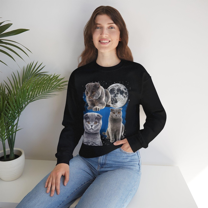 Drei Scottish Fold Mond Shirt, Scottish Fold Katzen T-Shirt, süße Katze Mond Phase T-Shirt, Katzenliebhaber Geschenk, Sweatshirt, Kleinkind, Komfort Farben Bild 2
