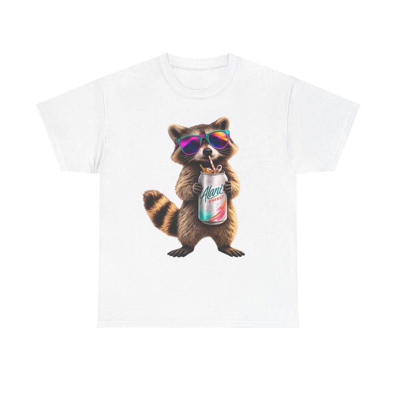 Raccoon Drinking Alani Energy Drink T-Shirt, Quirky Animal Graphic Tee image 4