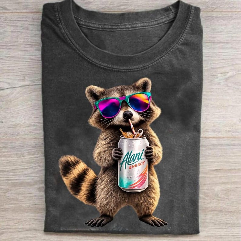 May include: Dark gray t-shirt featuring a raccoon wearing colorful sunglasses and holding a can of "Alani Energy" with a straw. The raccoon has brown and tan fur and a striped tail. The can is silver, teal, and orange.