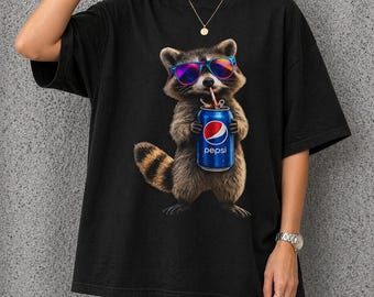Raccoon Drinking Pepsi T-Shirt: Animal Graphic Tee, Soda Lover Gift