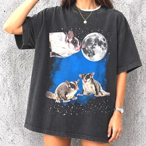 Puede incluir: Camiseta gris oscuro con un gráfico de petauros del azúcar, una luna llena y un cielo estrellado. El diseño incluye un fondo azul y detalles en blanco. La camiseta tiene un corte holgado.