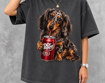 Dachshund Drinking Dr Pepper T-Shirt, Long Haired Wiener Dog Graphic Tee
