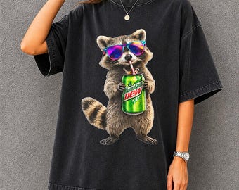 Raccoon Drinking Mountain Dew T-Shirt, Funny Animal Graphic Tee, Soda Lover Gift