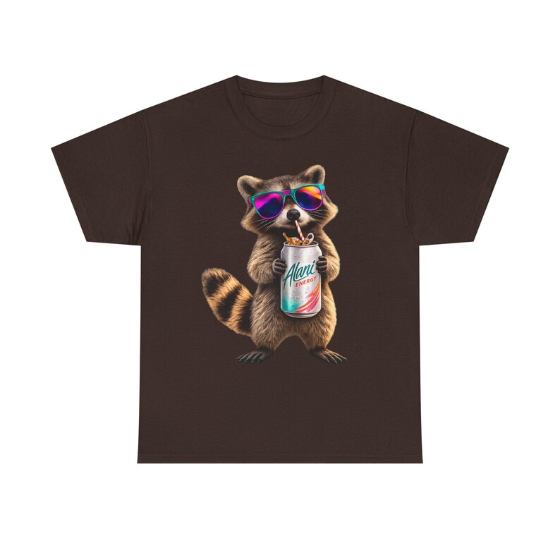 Raccoon Drinking Alani Energy Drink T-Shirt, Quirky Animal Graphic Tee image 11