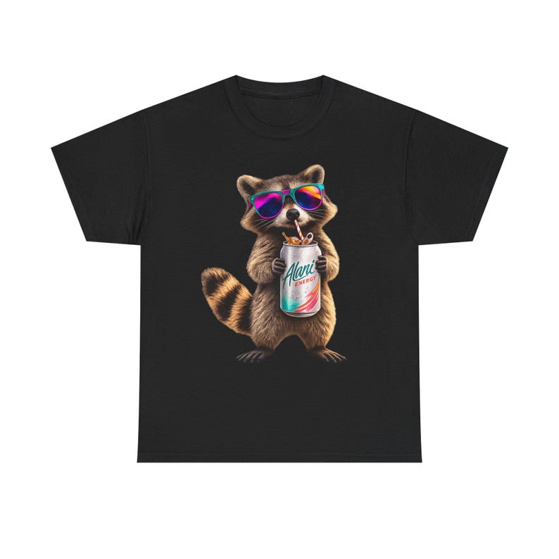 Raccoon Drinking Alani Energy Drink T-Shirt, Quirky Animal Graphic Tee image 5