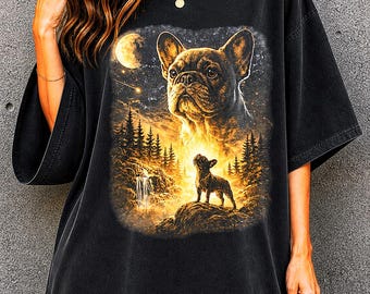 Französische Bulldogge Heulen zum Mond T-Shirt, Hundeliebhaber Grafik T-Shirt, Unisex Tier Top