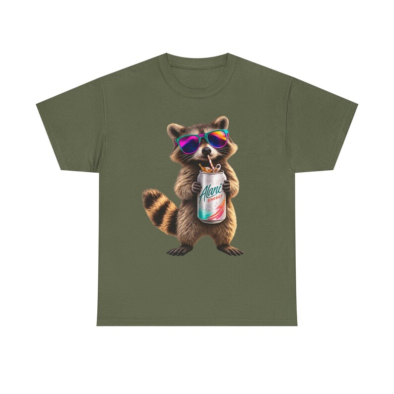 Raccoon Drinking Alani Energy Drink T-Shirt, Quirky Animal Graphic Tee image 12