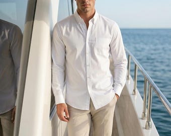 Classic Men's White Dress Shirt | Tailored Long Sleeve Button-Down