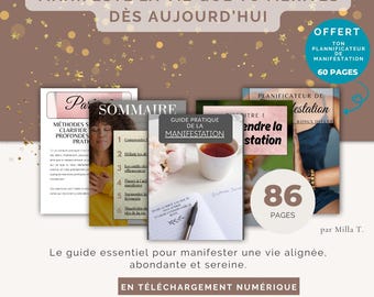May include: A digital guide with the title "Manifest the life you deserve today." The image features several book covers, including a guide to manifestation, a planner, and a summary. The guide is 86 pages long and includes a bonus offer.