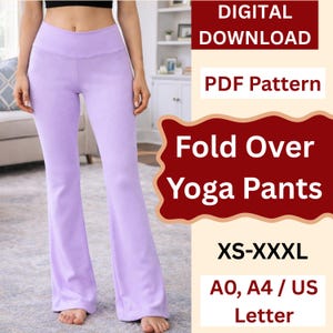 May include: Light purple fold-over yoga pants. The pants are flared at the bottom and have a high waist. The image also includes text that says "DIGITAL DOWNLOAD", "PDF Pattern", "Fold Over Yoga Pants", and "XS-XXXL".