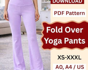 Fold over Waist  yoga pants sewing pattern | High-Waist Stretch Leggings Pattern | Casual Wear Women Flare Pants | Beginner Friendly XS-XXXL
