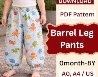 Barrel Leg Pant Sewing Pattern For Baby | Noah Baby Pant Pattern | Baby & Toddler Elastic Waist Pants Pattern | DIY Kid Pants | 0mo-8T