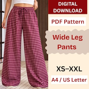 May include: Wide-leg pants in a burgundy and pink checkered pattern. The pants have a drawstring waist. The image also includes the text "DIGITAL DOWNLOAD", "PDF Pattern", "Wide Leg Pants", and "XS-XXL".