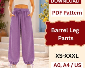 Balloon Barrel Leg Pants Sewing Pattern | Wide Leg Balloon Pants | Harem Festival Pants PDF | Barrel Trousers Pajama Pants