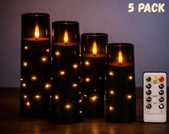 Flameless LED Acrylic Candle Set of 5 with Fairy Lights & Remote, Flickering Pillar Candles for Wedding Decor, Cozy Home Ambiance