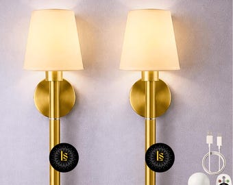 Modern Luxury Wall Sconces – Set of 2 Rechargeable Wall Lamps, Gold Finish Wireless LED Lights with Remote, 3 Color Temps & 12 Light Modes