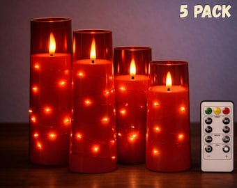 Flameless LED Acrylic Candle Set of 5 with Fairy Lights & Remote, Flickering Pillar Candles for Wedding Decor, Cozy Home Ambiance