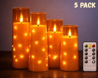 Flameless LED Acrylic Candle Set of 5 with Fairy Lights & Remote, Flickering Pillar Candles for Wedding Decor, Cozy Home Ambiance