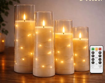 Flameless LED Acrylic Candle Set of 5 with Fairy Lights & Remote, Flickering Pillar Candles for Wedding Decor, Cozy Home Ambiance