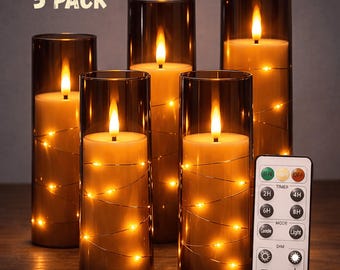 Flameless LED Acrylic Candle Set of 5 with Fairy Lights & Remote, Flickering Pillar Candles for Wedding Decor, Cozy Home Ambiance