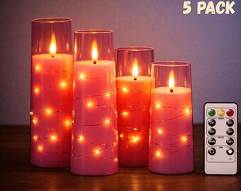 Flameless LED Acrylic Candle Set of 5 with Fairy Lights & Remote, Flickering Pillar Candles for Wedding Decor, Cozy Home Ambiance