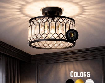 Modern Semi Flush Mount Crystal Ceiling Light - Multi-Color Metal Ceiling Lamp Stylish Lighting for Home, Office, Living Room & Hallway