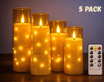 Flameless LED Acrylic Candle Set of 5 with Fairy Lights & Remote, Flickering Pillar Candles for Wedding Decor, Cozy Home Ambiance