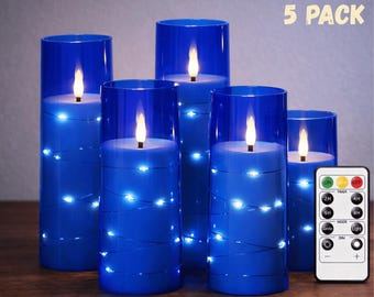 Flameless LED Acrylic Candle Set of 5 with Fairy Lights & Remote, Flickering Pillar Candles for Wedding Decor, Cozy Home Ambiance