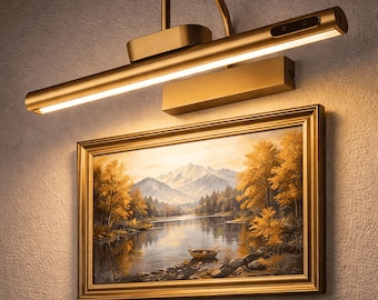 Gold Cordless Picture Light, Rechargeable LED Wall Art Lamp with Remote, 3 Color Modes, Smooth Dimmable, Luxury Painting & Gallery Light