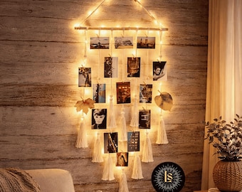 Handwoven Macramé Wall Photo Display with Fairy Lights, Multicolor Wall Hanging with Dream Catcher, 8 Mode LED Picture Holder with 30 Clips