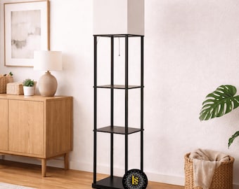 Modern Shelf Floor Lamp with Storage – Minimalist Wood Stand Lamp with Fabric Shade, 3 Color LED Bulb & RGB Lamp Option, Tall Stand Lamp