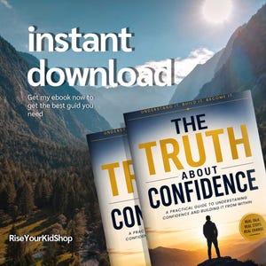 Op de afbeelding: Een ebook-omslag met de titel "The Truth About Confidence" met een silhouet van een persoon op een berg. De omslag heeft een blauw en geel kleurenschema met de tekst "Instant Download" bovenaan. De achtergrond toont een bergketen.