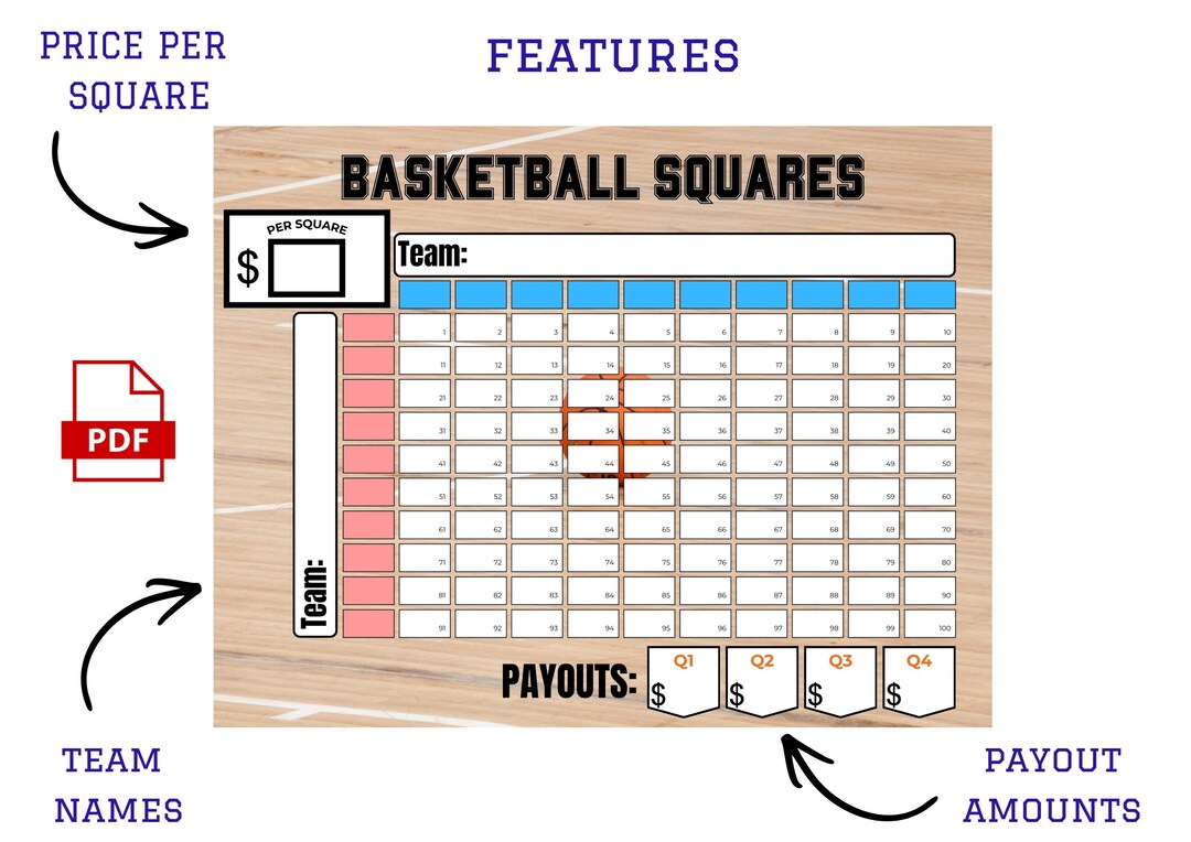March Madness Squares Basketball Office Pool Printable Tournament