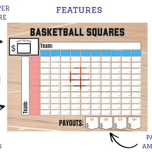 Op de afbeelding: Basketball Squares spelbord met de titel "BASKETBALL SQUARES". Het bord bevat vakken voor teamnamen, een prijs per vakje en uitbetalingsbedragen. Er is ook een PDF-pictogram aanwezig.